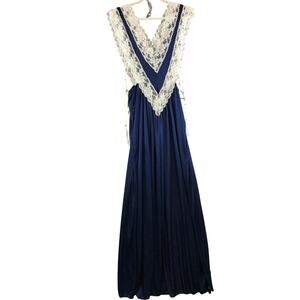 1970’s Vintage Lady Cameo Navy Satin Lace Slip Gown size M